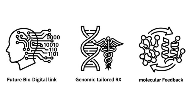 Future bio-digital and genetic healthcare technology icons with healthcare medicine innovation technology molecule research molecular feedback treatment evolution precision pharmacy