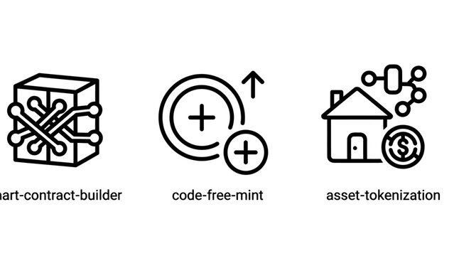 Smart contract and asset tokenization blockchain technology icons with blockchain contract tokenization cryptocurrency property investment technology decentralized transaction automation