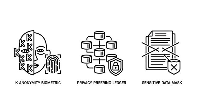 Data privacy and identity protection security icons with identity biometric security fingerprint scanning protection database document encryption information cybersecurity authentication