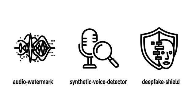 Audio watermark and synthetic voice detection security icons with watermark synthetic detector deepfake security protection integrity detection technology authentication software identity