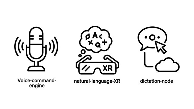 Voice command engine natural language xr and dictation node icons set with language dictation technology artificial intelligence recognition augmented software interface computing computer