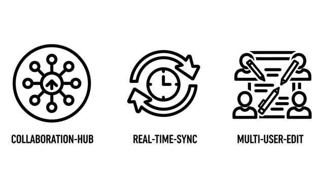 Collaboration hub real time sync and multi user edit software tools icons with collaboration software development business communication planning management connection workflow integrated