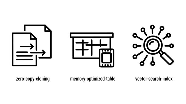 Set of three linear icons representing data architecture concepts including zero copy cloning memory virtualized table and vector search index with architecture technology computing database