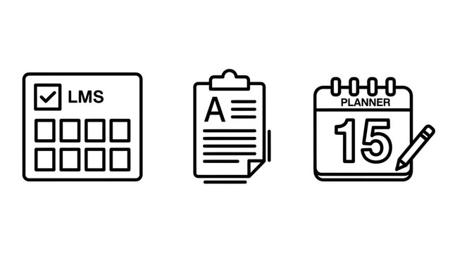 Educational and productivity icons featuring learning management system checklist grading clipboard and daily planner schedule education productivity management clipboard calendar learning