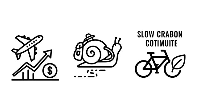 Sustainability and business growth icons showing eco travel flight finance and slow carbon consumption with sustainability business environment transportation consumption strategy investment