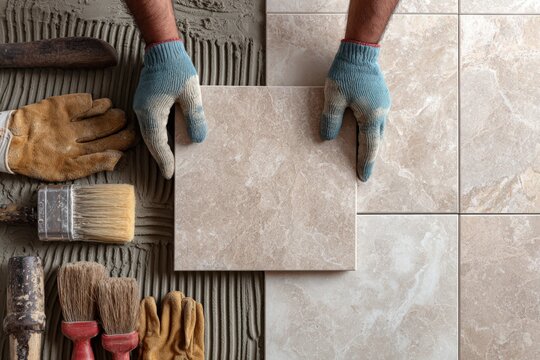 Hands of a male tiler wearing blue gloves placing a beige ceramic tile on a prepared surface with various tools and brushes arranged around the workspace