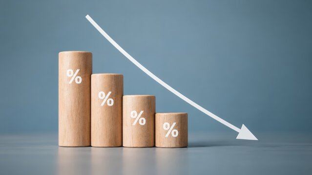 Declining Interest Rates and Economic Slowdown Concept with Percentage Symbols on Wooden Columns and Downward Trend Arrow Representing Financial Market Changes