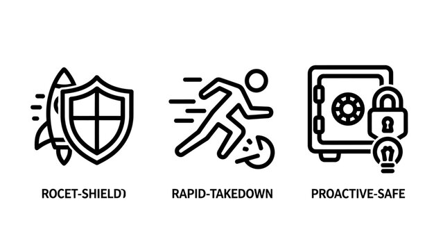 Set of line art icons depicting a rocket shield rapid takedown proactive safe storage takedown security protection business emergency encryption strength technology minimalist