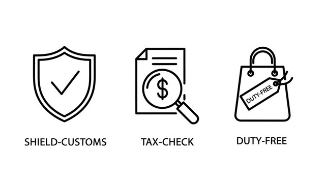 Customs and tax inspection icons set featuring shield compliance document audit duty-free shopping document shopping compliance regulation business inspection verification security government