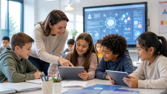 Teacher guiding students in classroom using tablets for learning