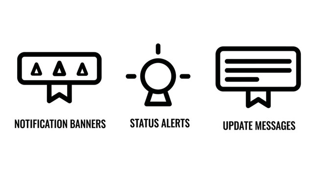 Notification banners status alerts and update messages UI icons with notification interface communication information announcement software development function feedback experience alerting
