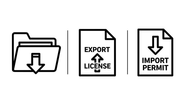 File export license and import permit document management icons with document management business logistics shipping compliance commerce download transfer organize information bureaucracy