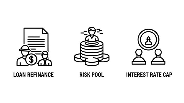 Loan refinance risk pool and interest rate cap icons with refinance interest business investment document financial management corporate protection analysis mortgage strategy planning