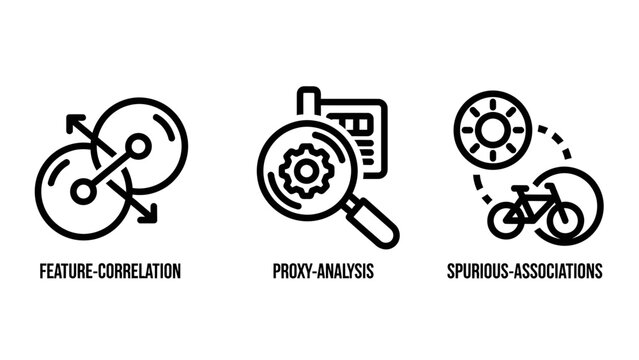 Set of analytical line icons for feature correlation proxy analysis associations with analysis correlation association business marketing statistics research information measurement isolated
