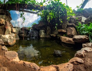 Naklejka premium Enclosed pond scene with turtle, waterfall, rocks, and lush greenery