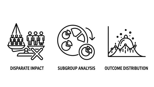Disparate impact subgroup analysis outcome distribution icons with pie chart circular graph bell curve business icons finance icons data visualization comparative analysis statistical analysis