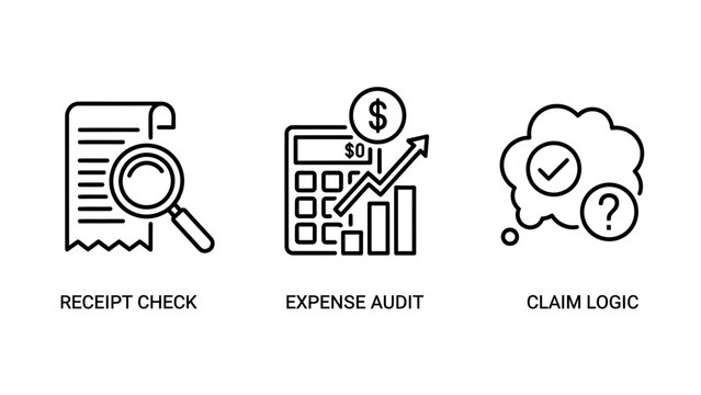 Receipt check expense audit claim logic processing icons for corporate financial accounting with accounting calculator business corporate investment verification analysis magnifying decision
