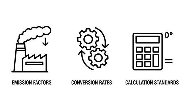 Emission factors conversion rates and calculation standards industrial icons with emission conversion calculation standards industry pollution environment settings calculator sustainability