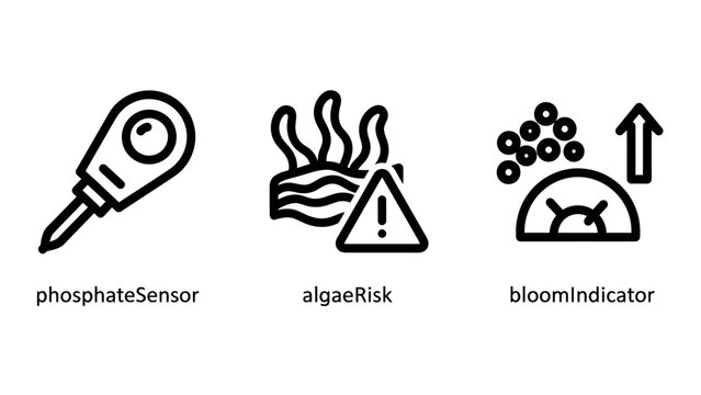 Water quality monitoring and environmental sensing line icon set with environment pollution monitoring phosphate indicator research technology measurement analysis chemical biological