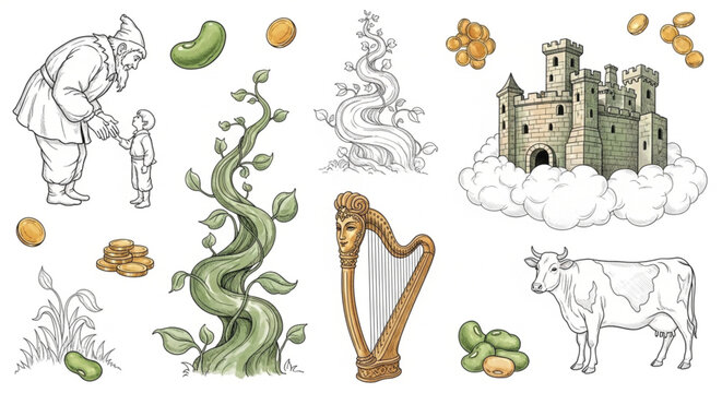 Vintage watercolor jack and the beanstalk vector illustrations with classic ink drawing sketches of fairytale characters