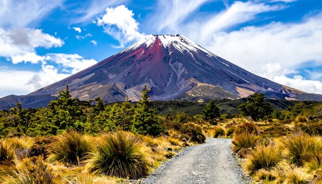 A serene landscape featuring a snow-capped mountain towering above a winding gravel path surrounded by lush greenery and vibrant yellow grasses