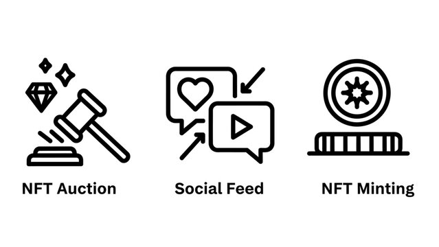 Cryptocurrency and digital asset icons featuring nft auction social feed and nft minting cryptocurrency blockchain collectible community currency investment technology creation platform