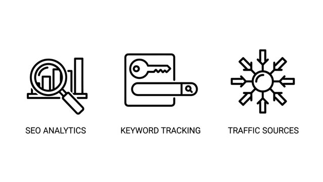 Seo analytics and keyword performance monitoring icons set with analytics tracking marketing optimization business strategy performance analysis internet statistics management visibility