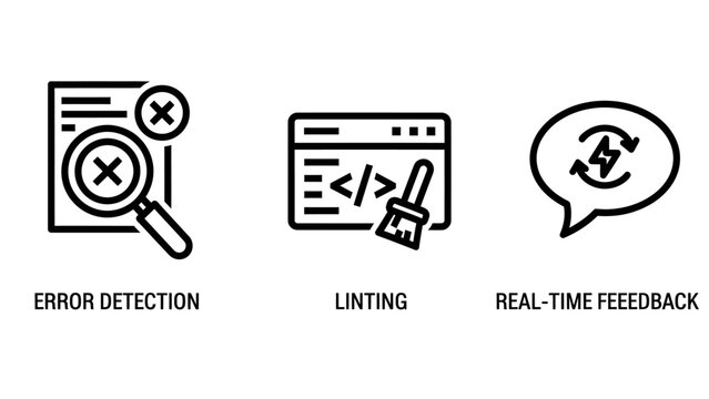 Software development quality assurance and testing icons set with software development detection feedback realtime debugging programming assurance interface analysis automated performance