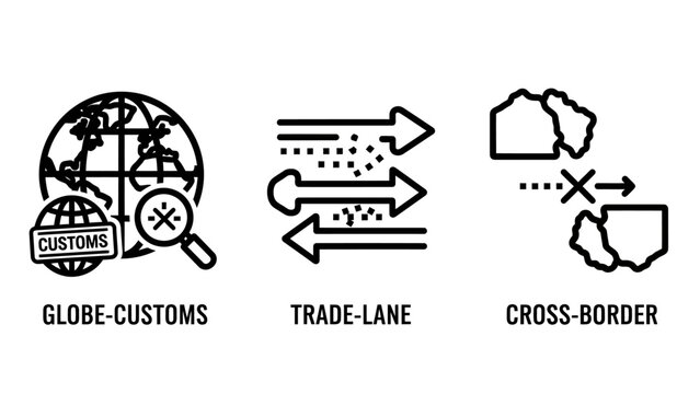 Global logistics customs and international trade icons with logistics international shipping transport commerce distribution delivery navigation business transnational exchange geography