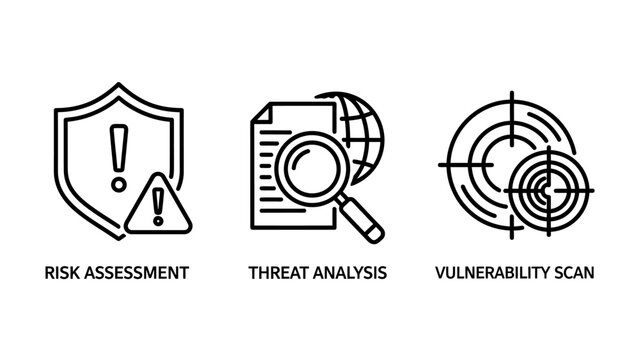 Cybersecurity risk assessment threat analysis and vulnerability scan icons with assessment analysis vulnerability security protection magnifying document detection monitoring internet