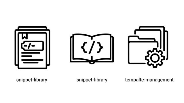 Set of software development and documentation line icons featuring code snippet library programming book template management folder software development programming template management