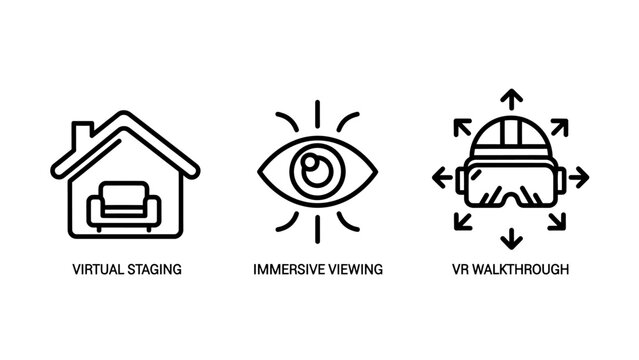 Virtual reality and immersive technology icons set featuring virtual staging immersive experience vr walk-through immersive experience technology interface simulation interactive illustration