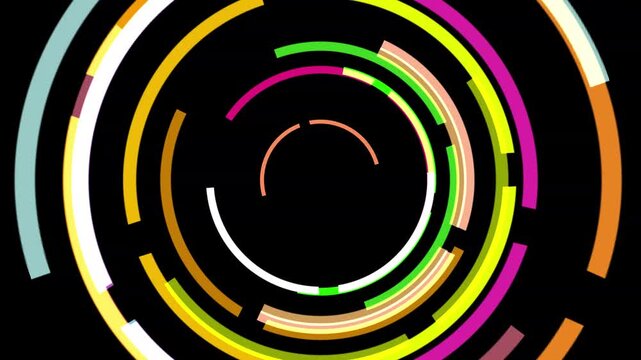 Abstract 3D animation featuring the rhythmic formation of glowing colorful rings expanding from the center against a dark background.