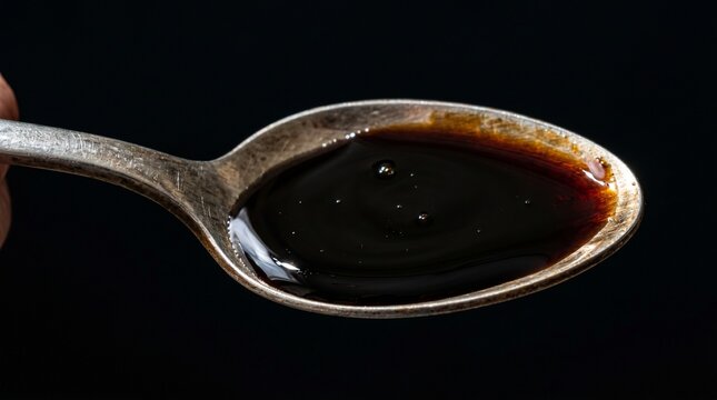 Aged Balsamic Vinegar on Antique Silver Spoon Black Background Macro