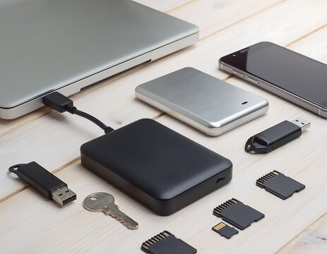 Various Digital Storage Devices and Accessories on a White Wooden Surface.
