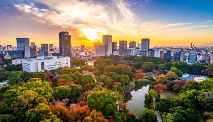 Obraz premium Aerial cityscape with a serene lake surrounded by vibrant autumn foliage