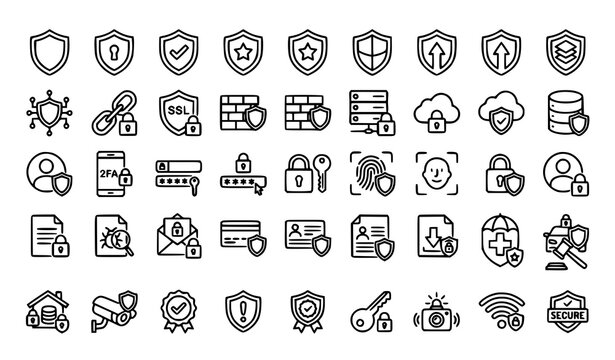 Set of 42 Shield Protection Outline Icons Collection &ndash; Security, Safety, Defense Linear Editable Stroke Vector Illustration