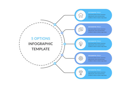 Business infographic template with main circle connected with five elements, suitable for data visualization and workflow presentation