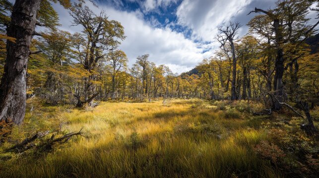 Autumn landscape in Chilean Patagonia featuring southern beech forest