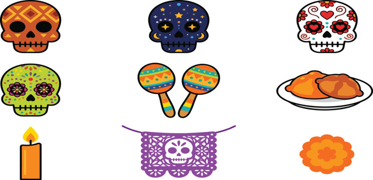 Mexican Day of the Dead Element Set with Sugar Skulls Maracas Candle and Bread Vector Illustration