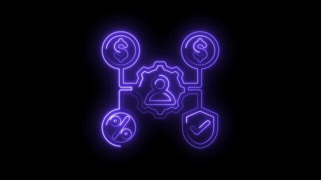 Neon glowing business process flow chart with dollar signs percentage symbol gear and icon