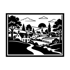 Obraz premium Black and White Woodcut Style Illustration of a Rural Village Landscape