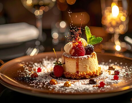 A small cheesecake with toppings on a plate