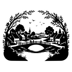 Obraz premium Rural Village Landscape Silhouette with Bridge and Houses Illustration