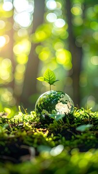 A small glass globe on moss with a tiny leaf growing from it