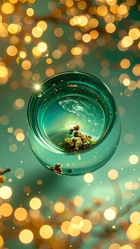 A small glass jar on a sparkling background with a tiny object inside