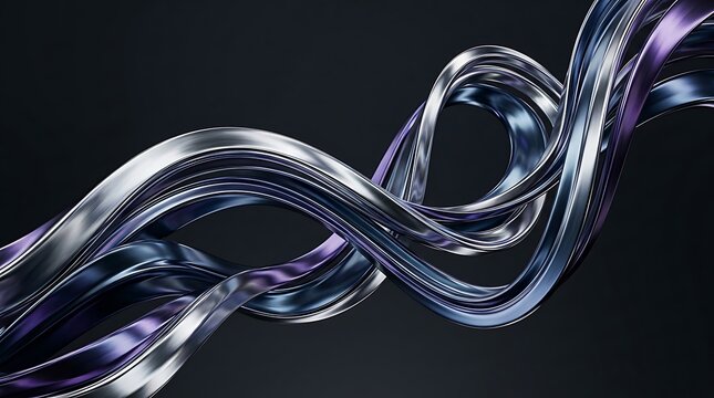 Abstract 3D render of swirling metallic ribbons with chrome and purple iridescent finish
