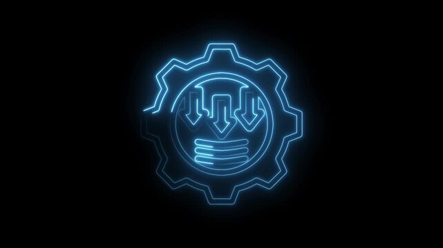 Neon blue gear icon with downward arrows and stacked lines representing data processing