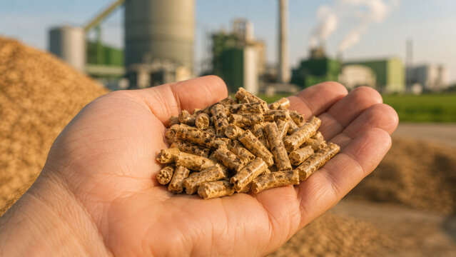Sustainability biofuel pellet fuel power generation clean energy industry hand holding wood pellet