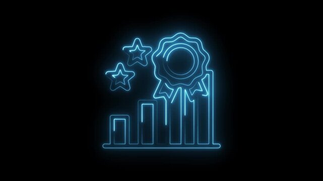 Neon blue glowing award ribbon and stars on rising bar graph representing success icon